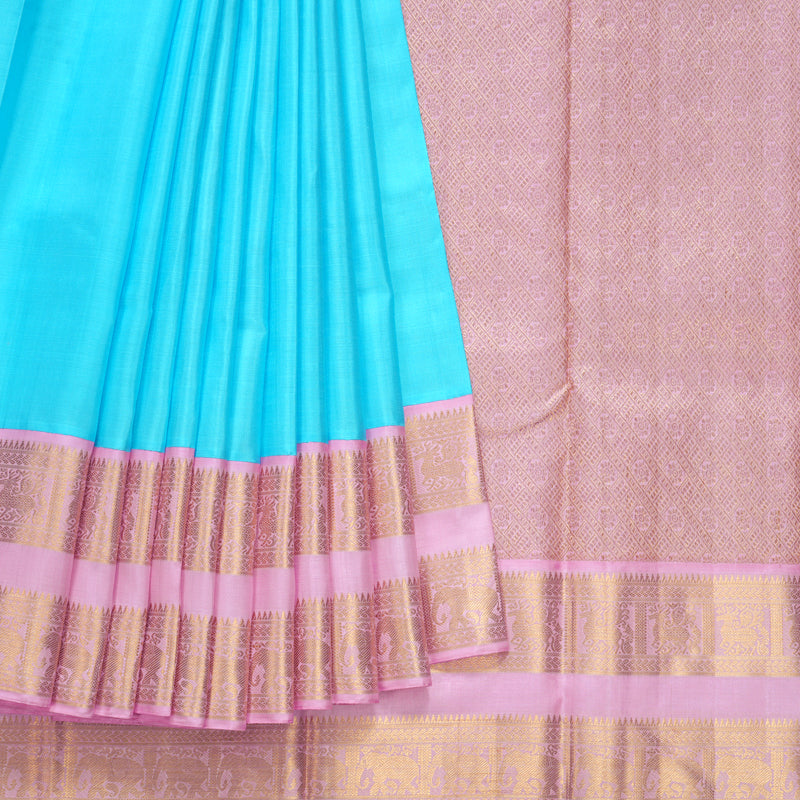 Hayagrivas Handloom Sky Blue Kanjivaram Silk Saree with Rose Pink Border KBF254E2-1