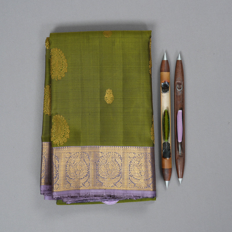Hayagrivas Handloom Olive Green Kanjivaram Silk Saree with Lilac Border KBF216E5-1