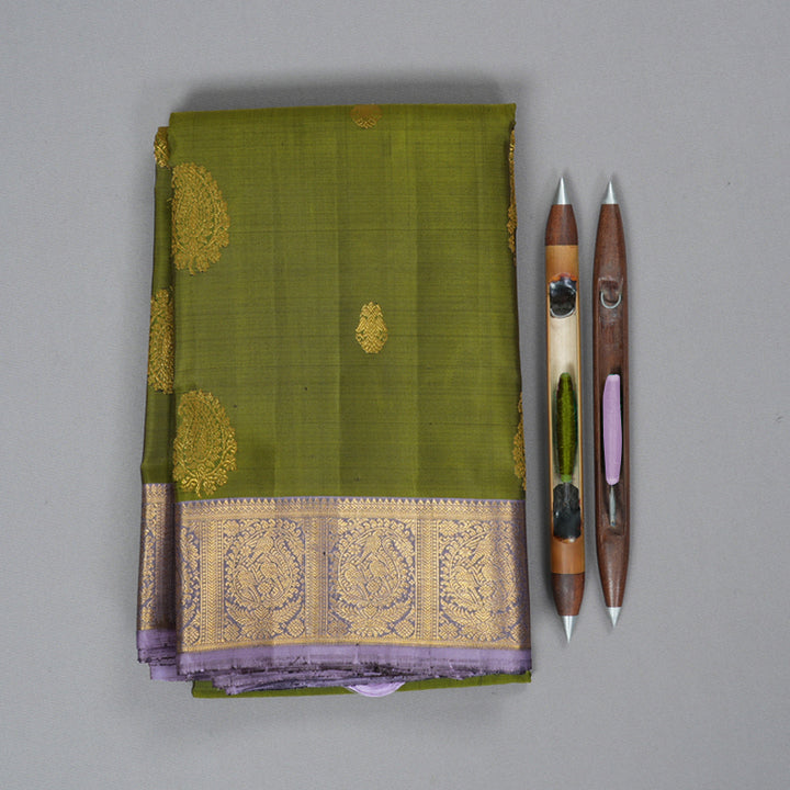 Hayagrivas Handloom Olive Green Kanjivaram Silk Saree with Lilac Border KBF216E5-1