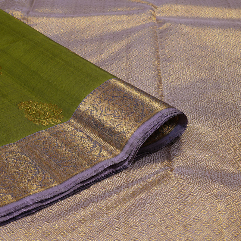 Hayagrivas Handloom Olive Green Kanjivaram Silk Saree with Lilac Border KBF216E5-1