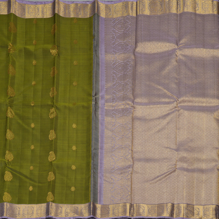 Hayagrivas Handloom Olive Green Kanjivaram Silk Saree with Lilac Border KBF216E5-1