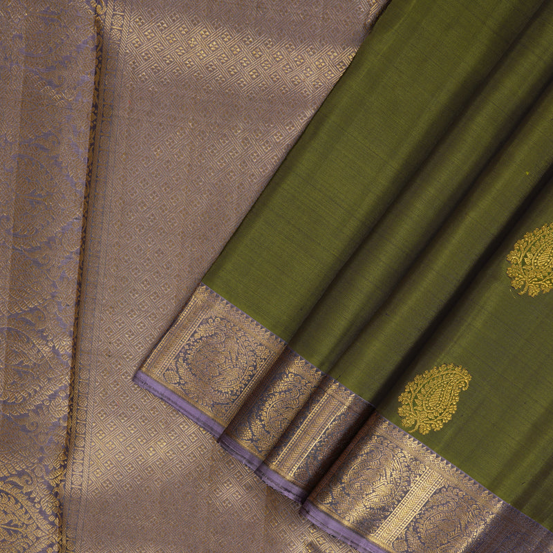Hayagrivas Handloom Olive Green Kanjivaram Silk Saree with Lilac Border KBF216E5-1