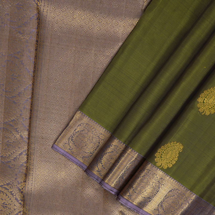 Hayagrivas Handloom Olive Green Kanjivaram Silk Saree with Lilac Border KBF216E5-1
