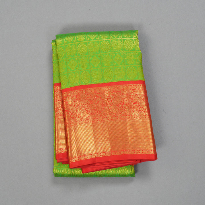 Hayagrivas Handloom Parrot Green Kanjivaram Silk Saree with Red Border KBF254E6-1