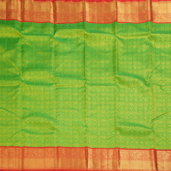 Hayagrivas Handloom Parrot Green Kanjivaram Silk Saree with Red Border KBF254E6-1