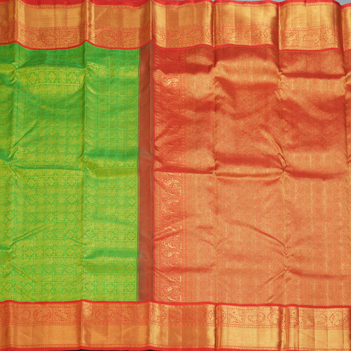 Hayagrivas Handloom Parrot Green Kanjivaram Silk Saree with Red Border KBF254E6-1