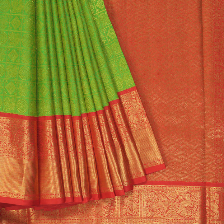 Hayagrivas Handloom Parrot Green Kanjivaram Silk Saree with Red Border KBF254E6-1