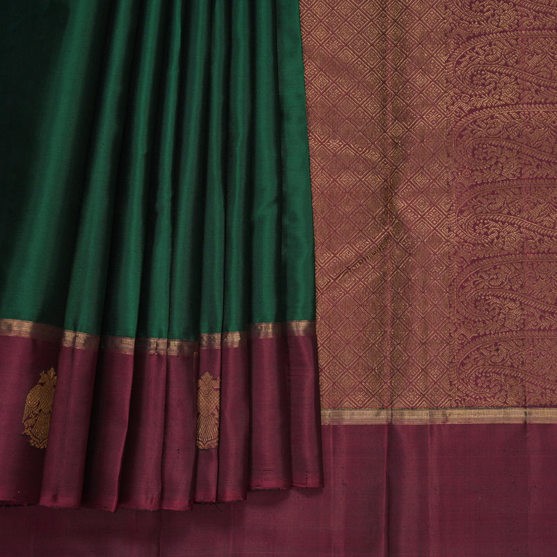 Hayagrivas Handloom Bottle Green Kanjivaram Silk Saree with Wine Magenta Border KBF257E19-2