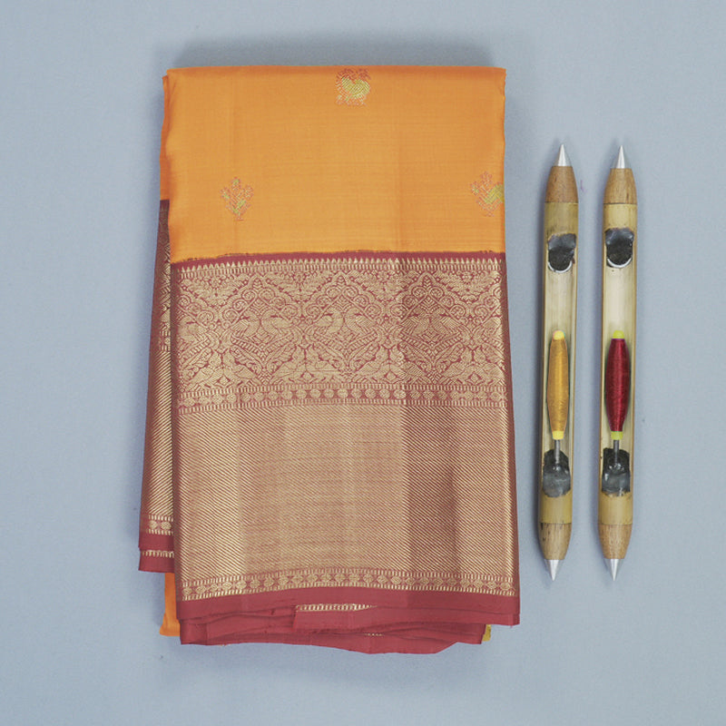 Hayagrivas Handloom Mustard Yellow Kanjivaram Silk Saree with Maroon Border KBF257E26-2