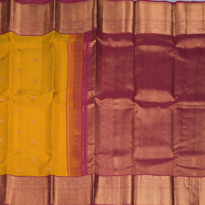 Hayagrivas Handloom Mustard Yellow Kanjivaram Silk Saree with Maroon Border KBF257E26-2
