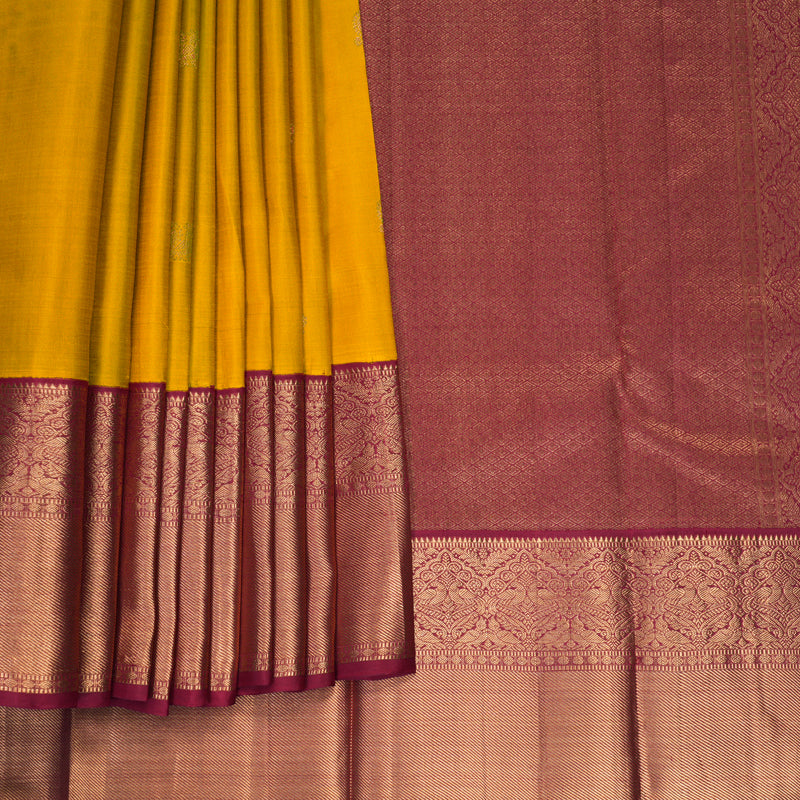 Hayagrivas Handloom Mustard Yellow Kanjivaram Silk Saree with Maroon Border KBF257E26-2