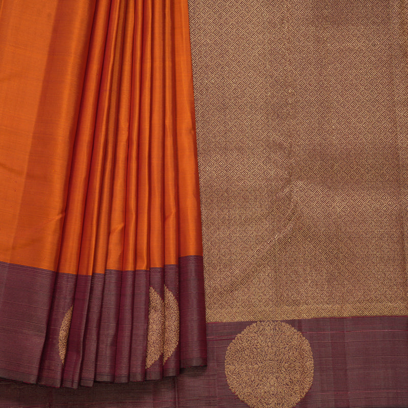 Hayagrivas Handloom Sunset Orange Kanjivaram Silk Saree with Wine Purple Border KBF257E27-1
