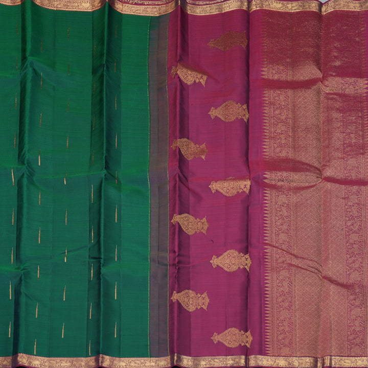 Hayagrivas Handloom Peacock Green Kanjivaram Silk Saree with Magenta Border KBF257E3-4
