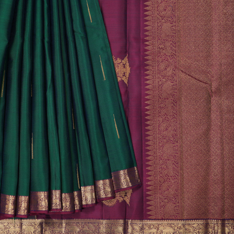 Hayagrivas Handloom Peacock Green Kanjivaram Silk Saree with Magenta Border KBF257E3-4