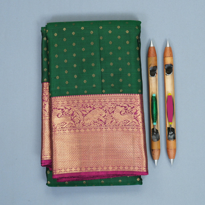 Hayagrivas Handloom Bottle Green Kanjivaram Silk Saree with Purple Border KBF257E36-16