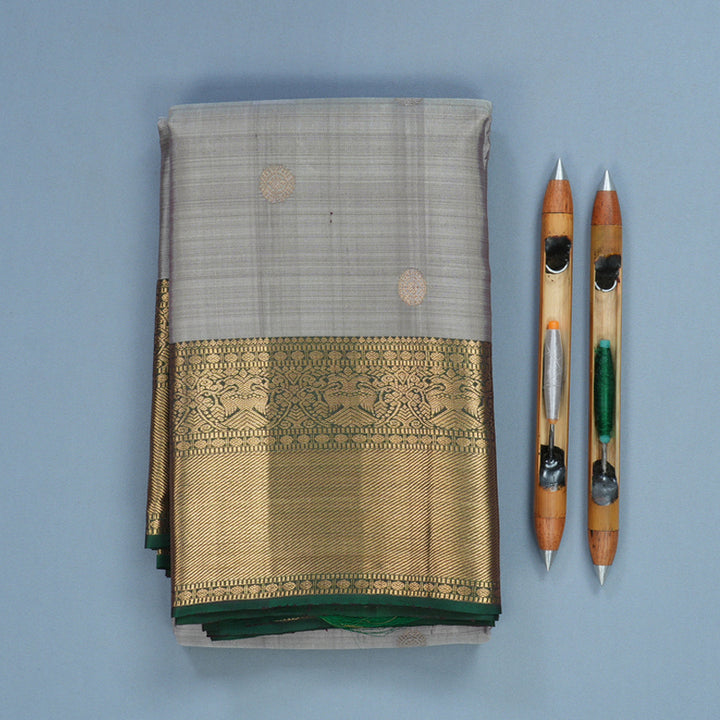 Hayagrivas Handloom Grey Kanjivaram Silk Saree with Bottle Green Border KBF257E4-1