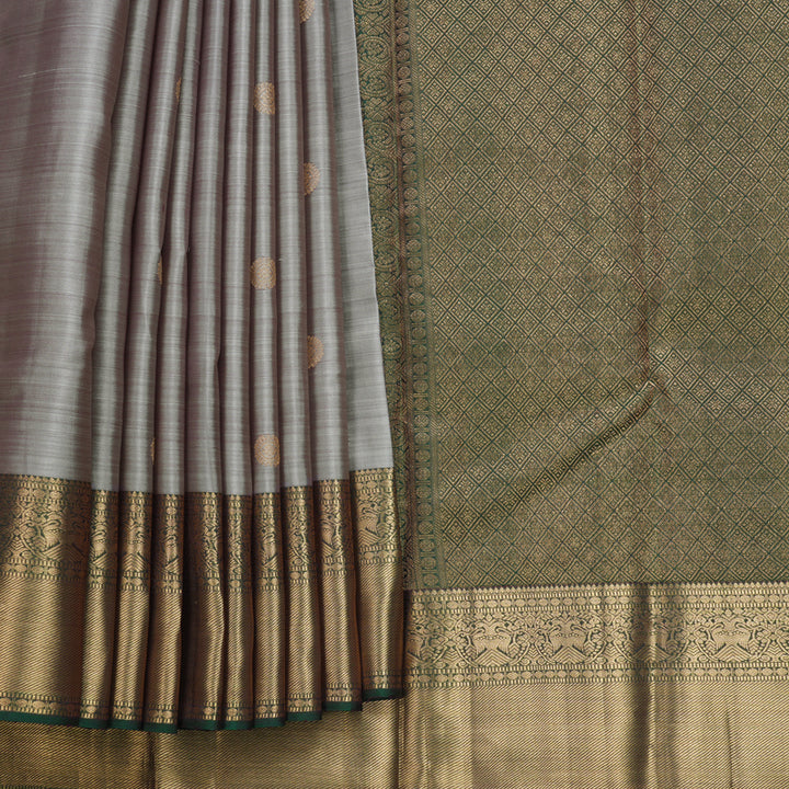 Hayagrivas Handloom Grey Kanjivaram Silk Saree with Bottle Green Border KBF257E4-1