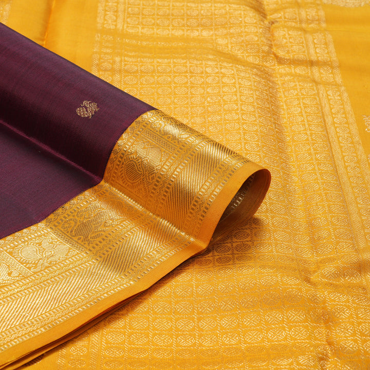 Hayagrivas Handloom Wine Maroon Kanjivaram Silk Saree with Turmeric Yellow Border KBF257E9-1