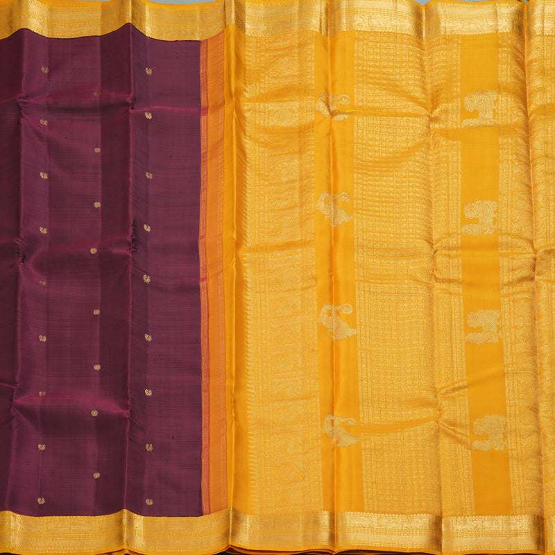 Hayagrivas Handloom Wine Maroon Kanjivaram Silk Saree with Turmeric Yellow Border KBF257E9-1
