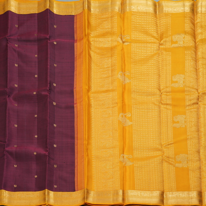 Hayagrivas Handloom Wine Maroon Kanjivaram Silk Saree with Turmeric Yellow Border KBF257E9-1