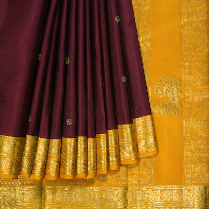 Hayagrivas Handloom Wine Maroon Kanjivaram Silk Saree with Turmeric Yellow Border KBF257E9-1