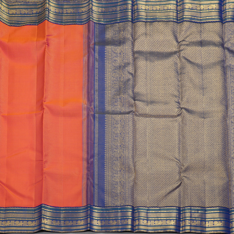 Hayagrivas Handloom Orangish-Pink Kanjivaram Silk Saree with Royal Blue Border KBF258E1-2