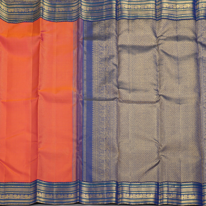 Hayagrivas Handloom Orangish-Pink Kanjivaram Silk Saree with Royal Blue Border KBF258E1-2