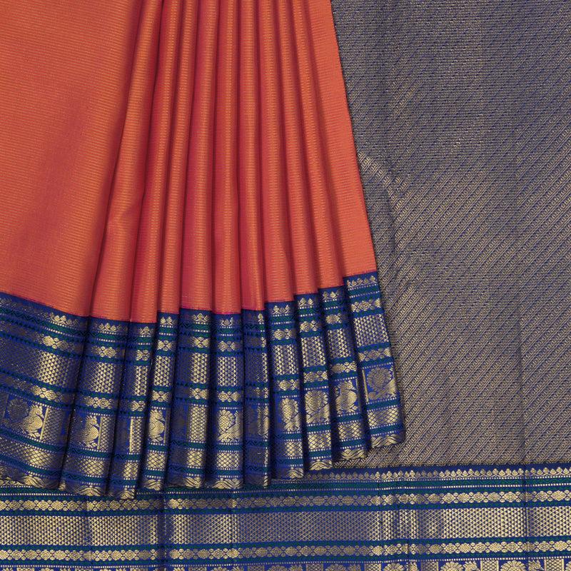 Hayagrivas Handloom Orangish-Pink Kanjivaram Silk Saree with Royal Blue Border KBF258E1-2
