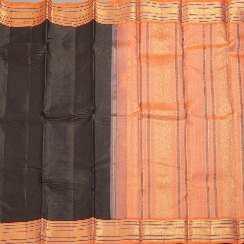 Hayagrivas Handloom Dark Brown Kanjivaram Silk Saree with Orange Border KBF258E1-3
