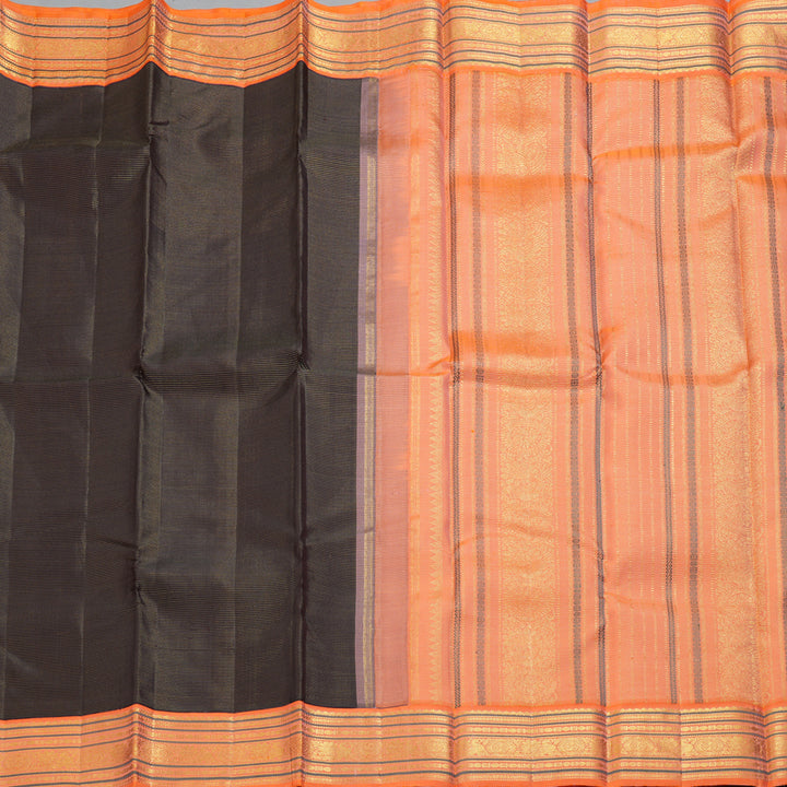 Hayagrivas Handloom Dark Brown Kanjivaram Silk Saree with Orange Border KBF258E1-3
