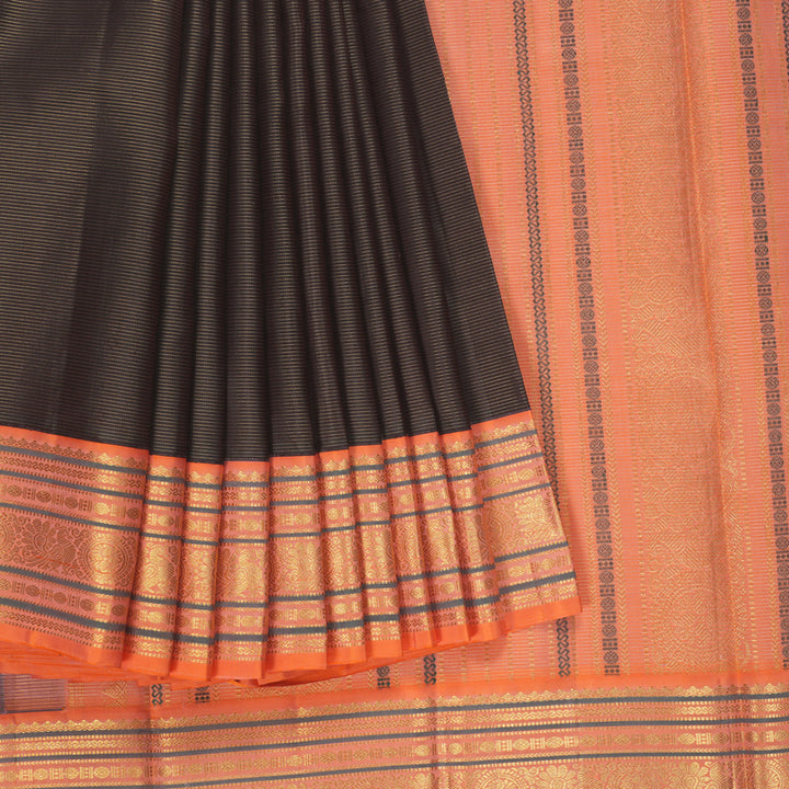 Hayagrivas Handloom Dark Brown Kanjivaram Silk Saree with Orange Border KBF258E1-3