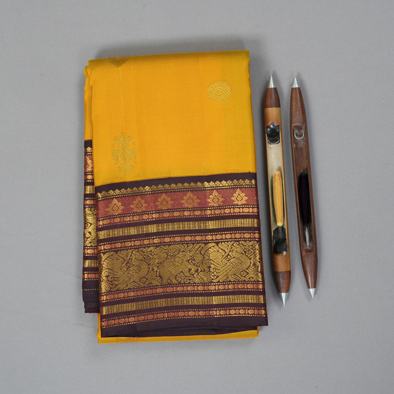 Hayagrivas Handloom Mustard Yellow Kanjivaram Silk Saree with Coffee Brown Border KBF258E4-3