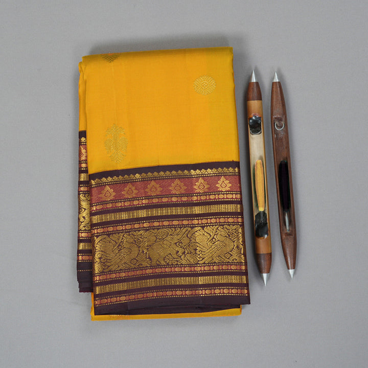 Hayagrivas Handloom Mustard Yellow Kanjivaram Silk Saree with Coffee Brown Border KBF258E4-3