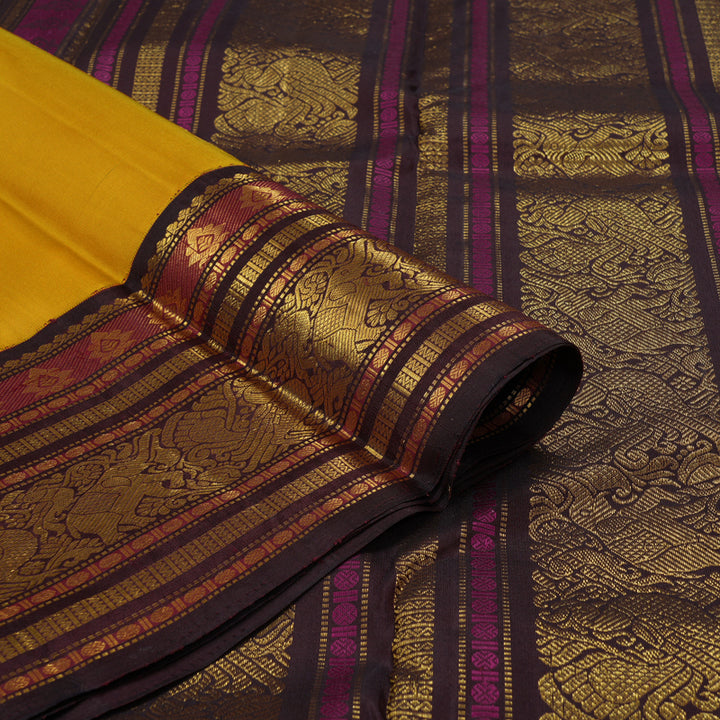 Hayagrivas Handloom Mustard Yellow Kanjivaram Silk Saree with Coffee Brown Border KBF258E4-3