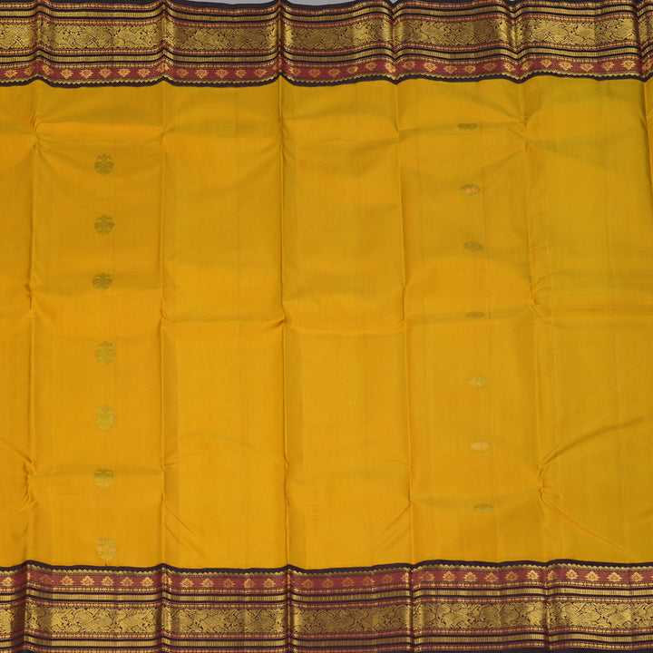 Hayagrivas Handloom Mustard Yellow Kanjivaram Silk Saree with Coffee Brown Border KBF258E4-3
