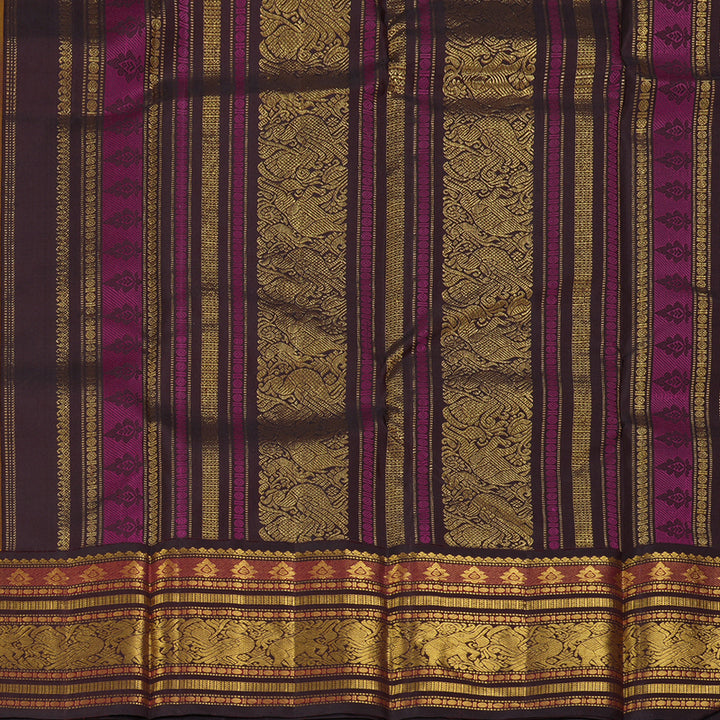 Hayagrivas Handloom Mustard Yellow Kanjivaram Silk Saree with Coffee Brown Border KBF258E4-3