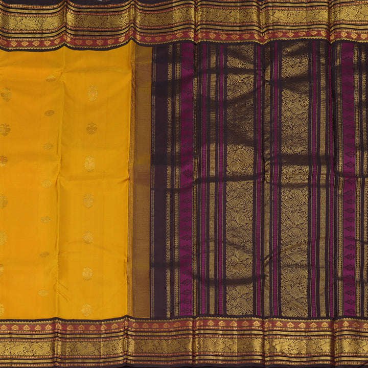 Hayagrivas Handloom Mustard Yellow Kanjivaram Silk Saree with Coffee Brown Border KBF258E4-3