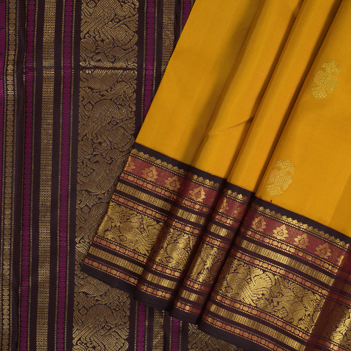 Hayagrivas Handloom Mustard Yellow Kanjivaram Silk Saree with Coffee Brown Border KBF258E4-3