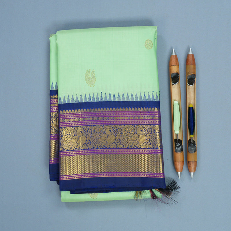 Hayagrivas Handloom Pista Green Kanjivaram Silk Saree with Ink Blue Border KBF258E4-5