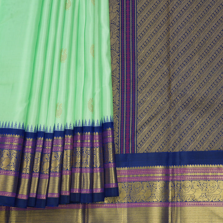 Hayagrivas Handloom Pista Green Kanjivaram Silk Saree with Ink Blue Border KBF258E4-5