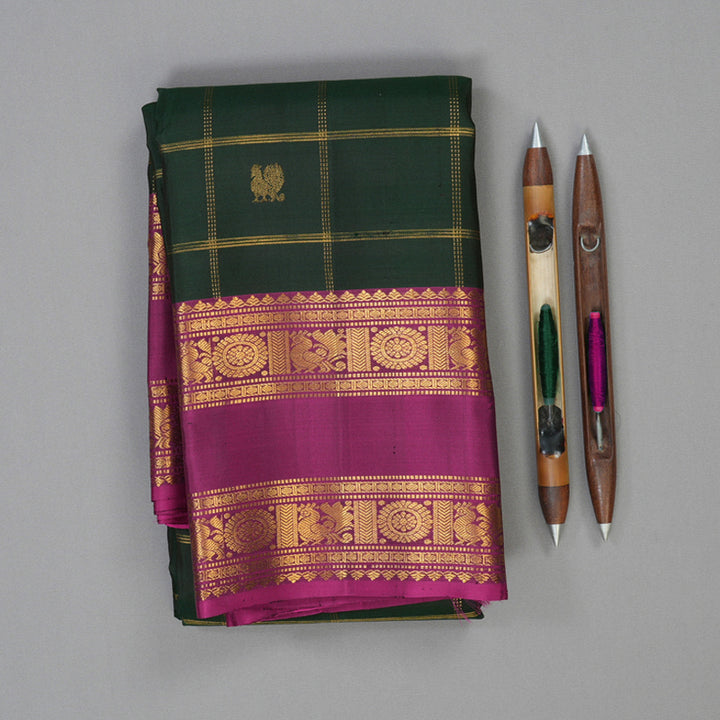 Hayagrivas Handloom Bottle Green Kanjivaram Silk Saree with Magenta Border KBF25D7-6