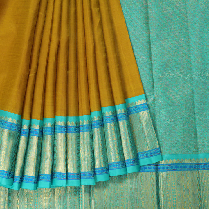 Hayagrivas Handloom Metallic Gold Kanjivaram Silk Saree with Sea Blue Border KBF264E11-1
