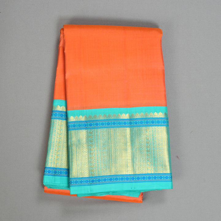 Hayagrivas Handloom Peach Orange Kanjivaram Silk Saree with Bright Teal Border KBF264E12-1