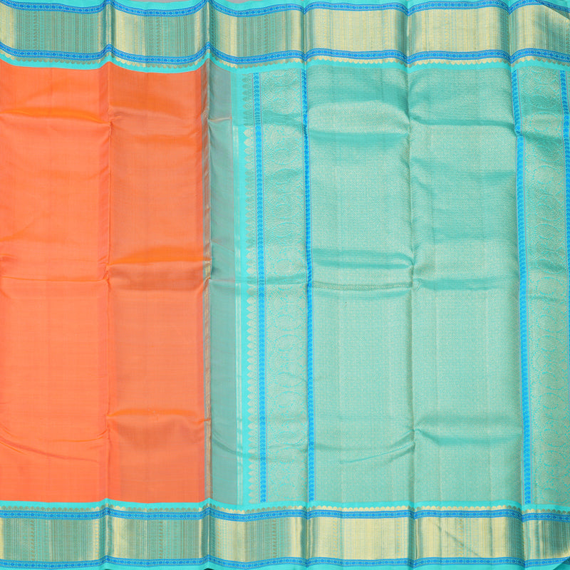 Hayagrivas Handloom Peach Orange Kanjivaram Silk Saree with Bright Teal Border KBF264E12-1