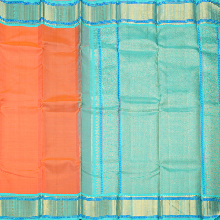 Hayagrivas Handloom Peach Orange Kanjivaram Silk Saree with Bright Teal Border KBF264E12-1