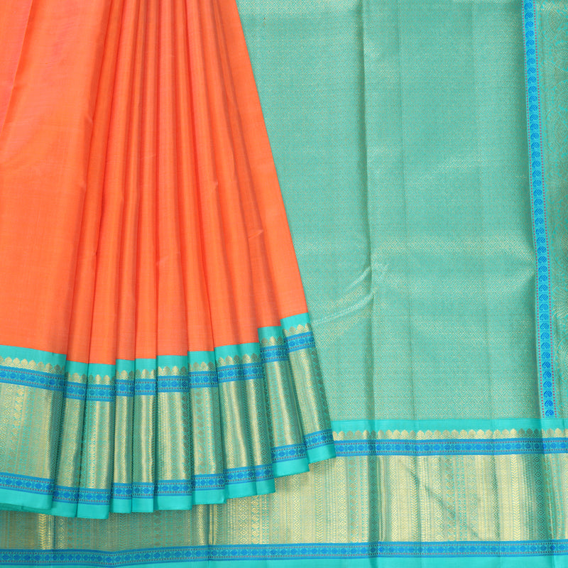 Hayagrivas Handloom Peach Orange Kanjivaram Silk Saree with Bright Teal Border KBF264E12-1