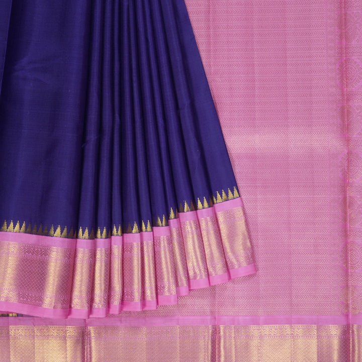 Hayagrivas Handloom Purplish-Blue Kanjivaram Silk Saree with Rose Pink Border KBF264E5-1