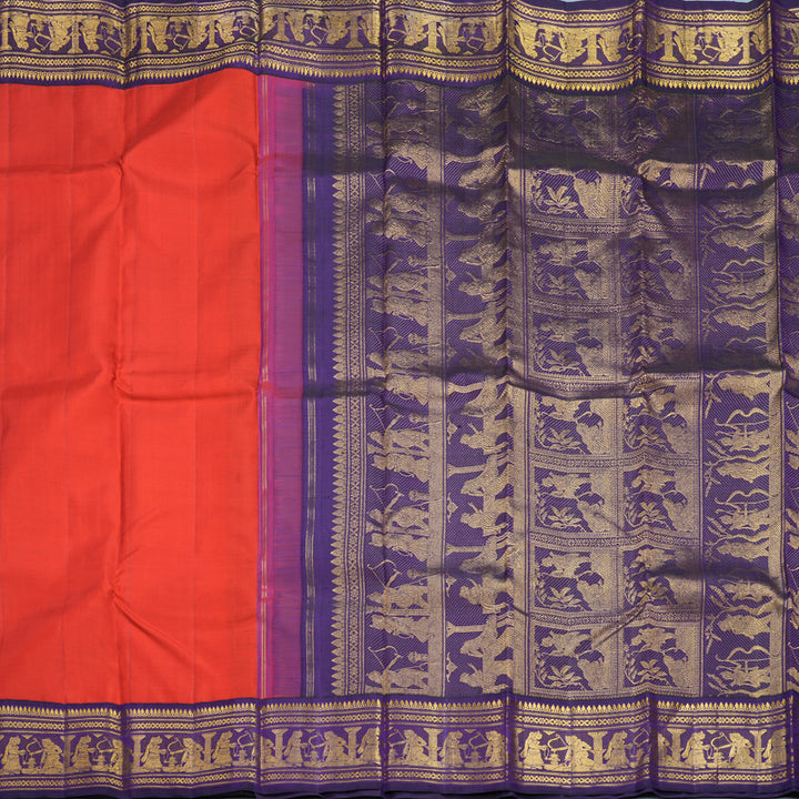 Hayagrivas Handloom Red Kanjivaram Silk Saree with Purple Border KBF264E8-1