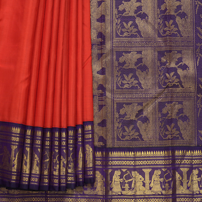 Hayagrivas Handloom Red Kanjivaram Silk Saree with Purple Border KBF264E8-1