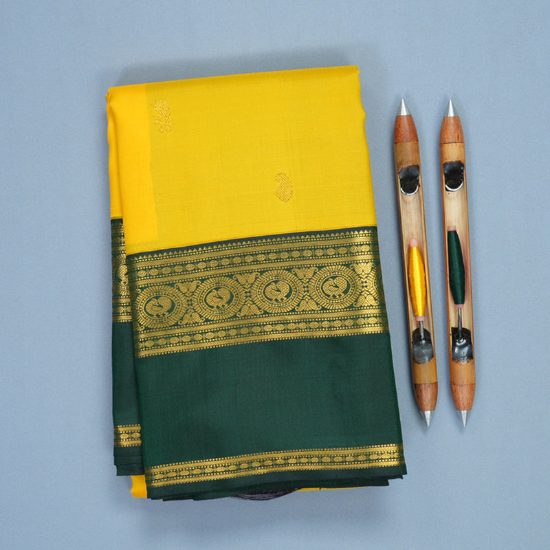 Hayagrivas Handloom Yellow Kanjivaram Silk Saree with Bottle Green Border KBF266E1-1